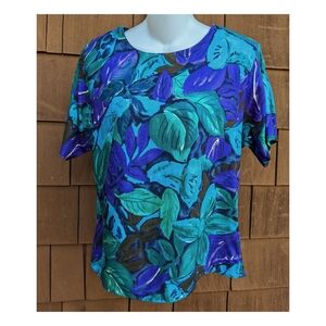 Vintage teal purple petite tropical floral short sleeve top large